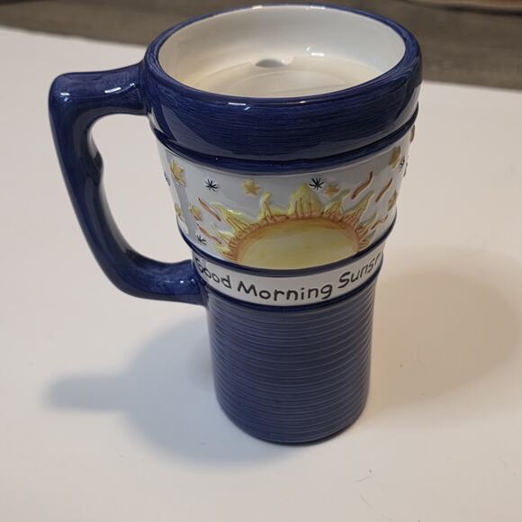 Set of 2 “Good Morning Sunshine!” Travel Mugs w Lids Blue Ceramic Coffee Cups - Picture 2 of 6